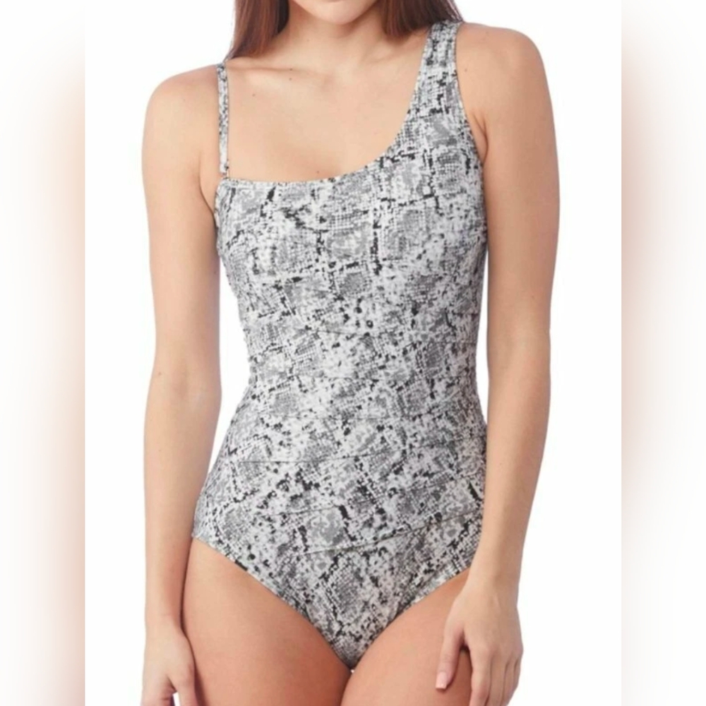 Calvin Klein Viper One Shoulder Starburst 1 Pc Snakeskin Print Swimsuit Sz 8